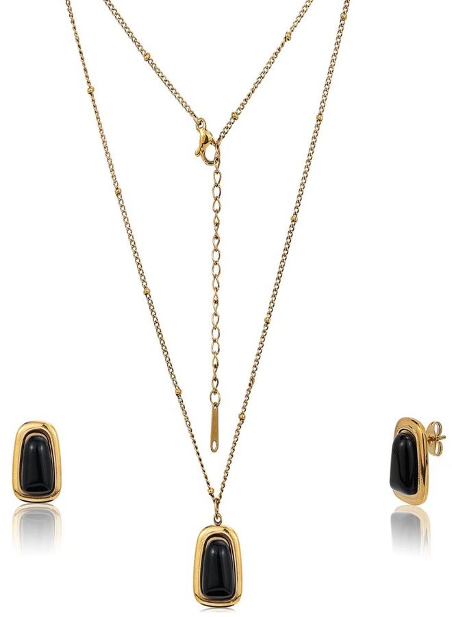 Busnos Vintage Geometric Stone Black and Gold Earrings Necklace Set for Women Cute Square Black Stud Earring Necklace Set Chunky Boho Statement Gold Stainless Steel Earrings Unique Gifts for Her - Image 1